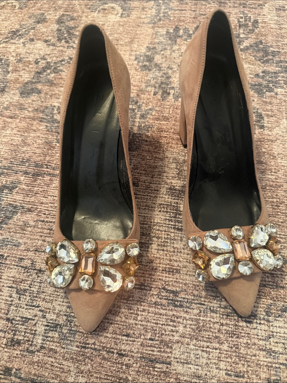 Embellished Taupe Suede Pointed-Toe Heels with Jewel Detail